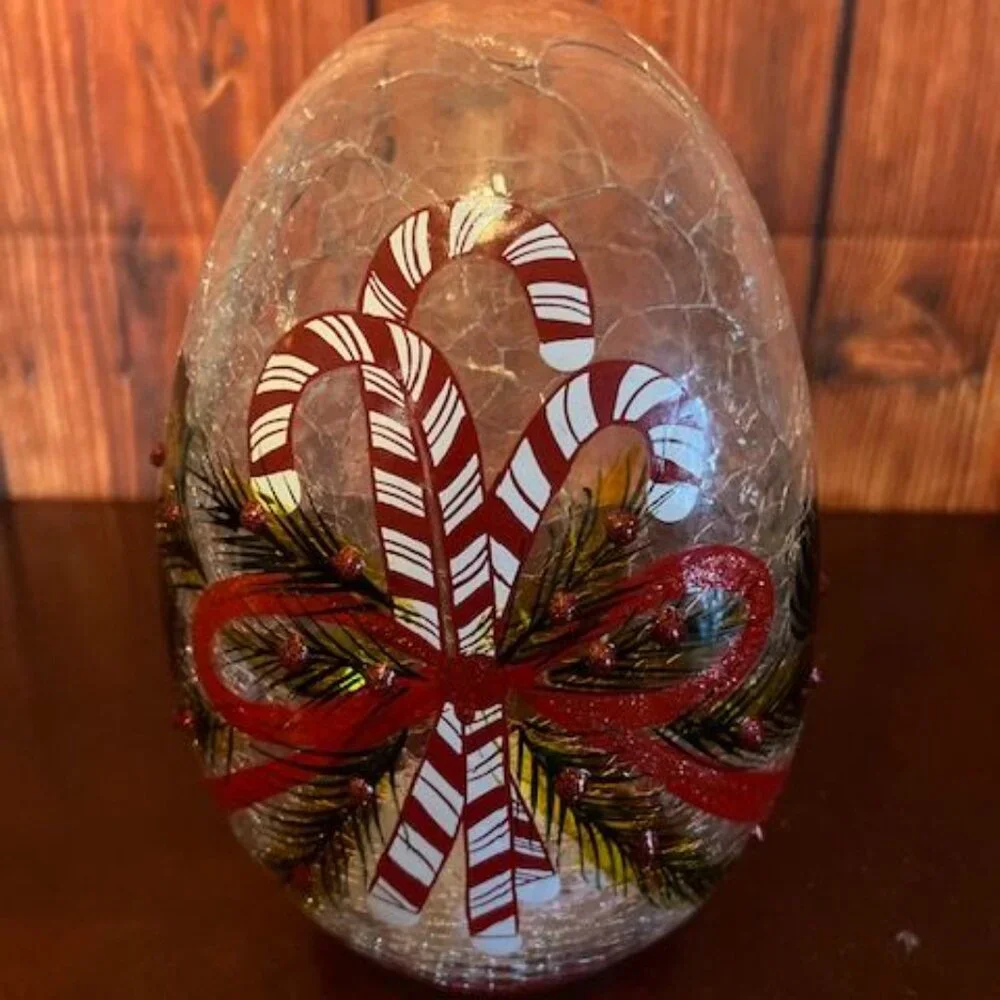 Cheerfull LED Light Up‎ Holiday Decor Candy Cane & Pinecone Crackle Glass Egg